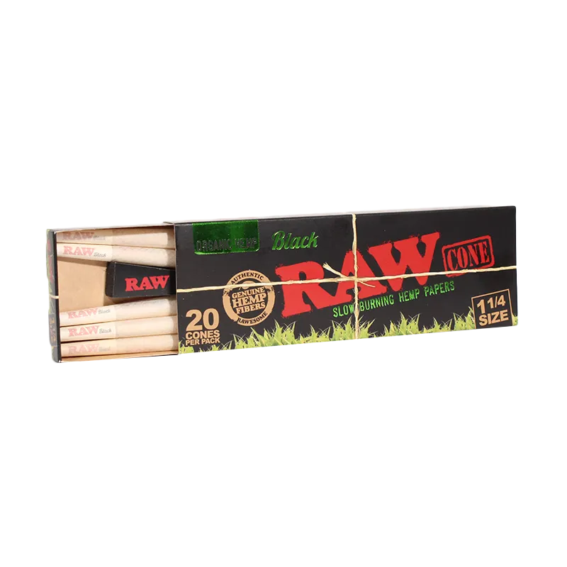 RAW Black Organic Hemp Pre-Rolled Cones (1 1/4" 20-Pack | 12-Pack)