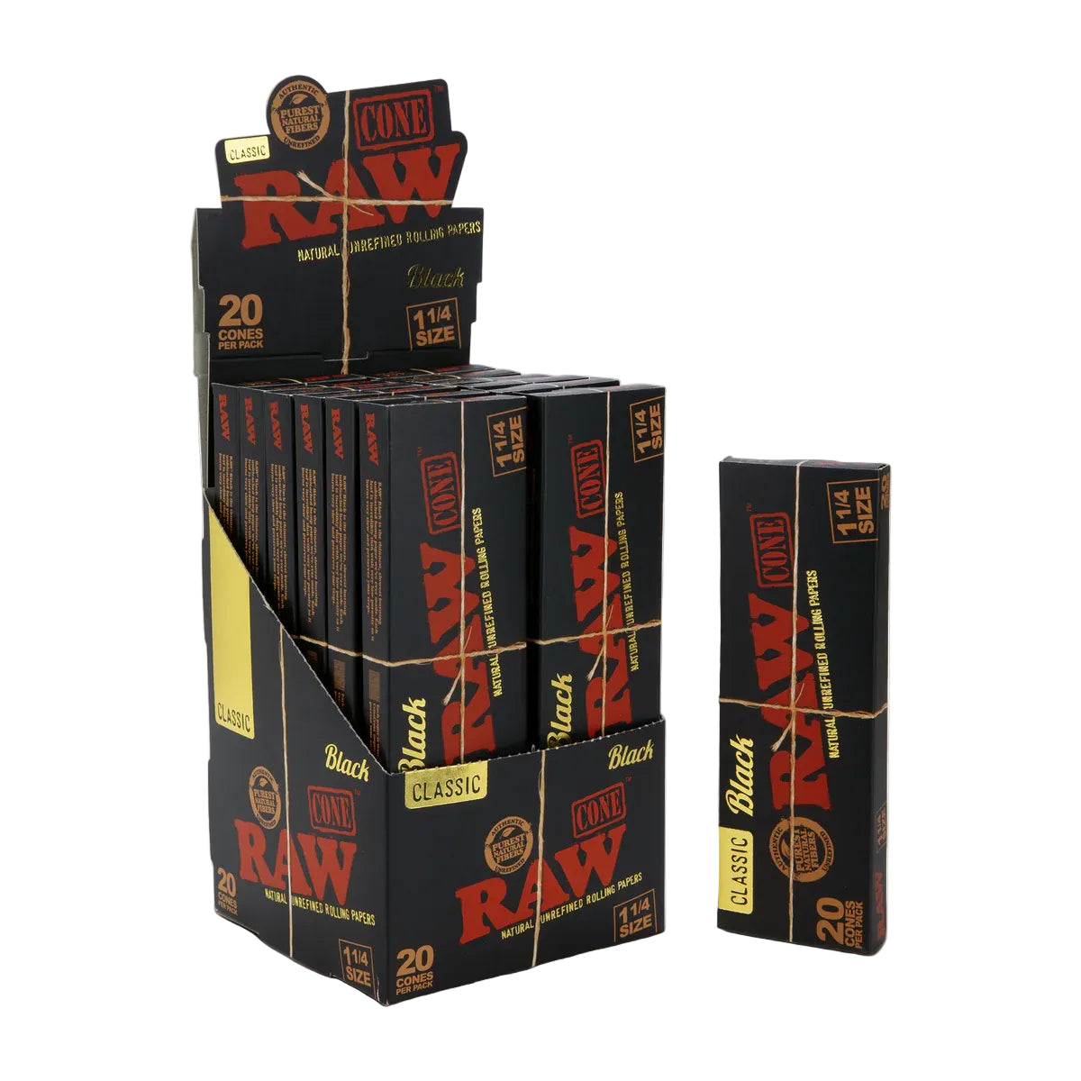 RAW Black Classic Pre-Rolled Cones (1 1/4" 20-Pack | 12-Pack)
