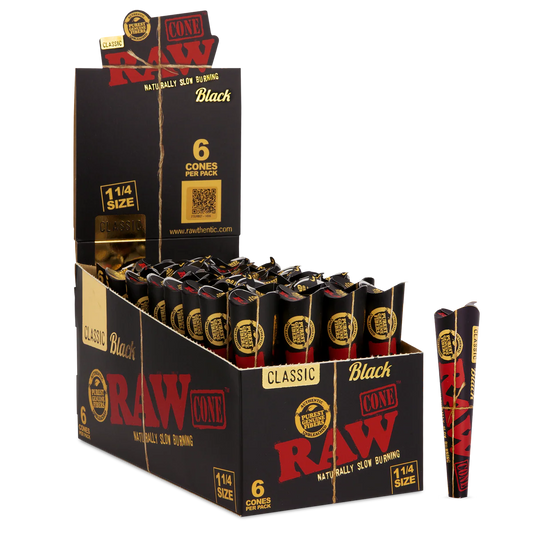 RAW Black Classic Pre-Rolled Cones (1 1/4" 6-Pack | 32-Pack)