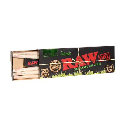 RAW Black Organic Hemp Pre-Rolled Cones (1 1/4" 20-Pack | 12-Pack)