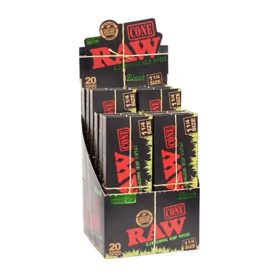 RAW Black Organic Hemp Pre-Rolled Cones (1 1/4" 20-Pack | 12-Pack)