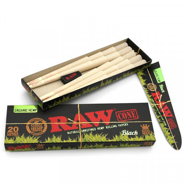RAW Black Organic Hemp Pre-Rolled Cones (King Size 20-Pack | 12-Pack)