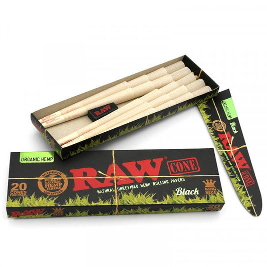 RAW Black Organic Hemp Pre-Rolled Cones (King Size 20-Pack | 12-Pack)