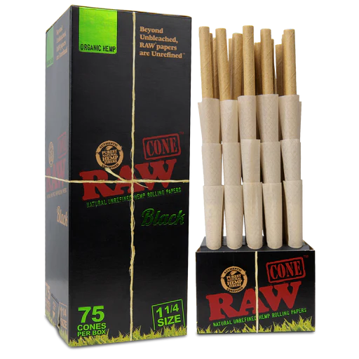 RAW Black Organic Hemp Pre-Rolled Cones (1 1/4" | 75-Pack)